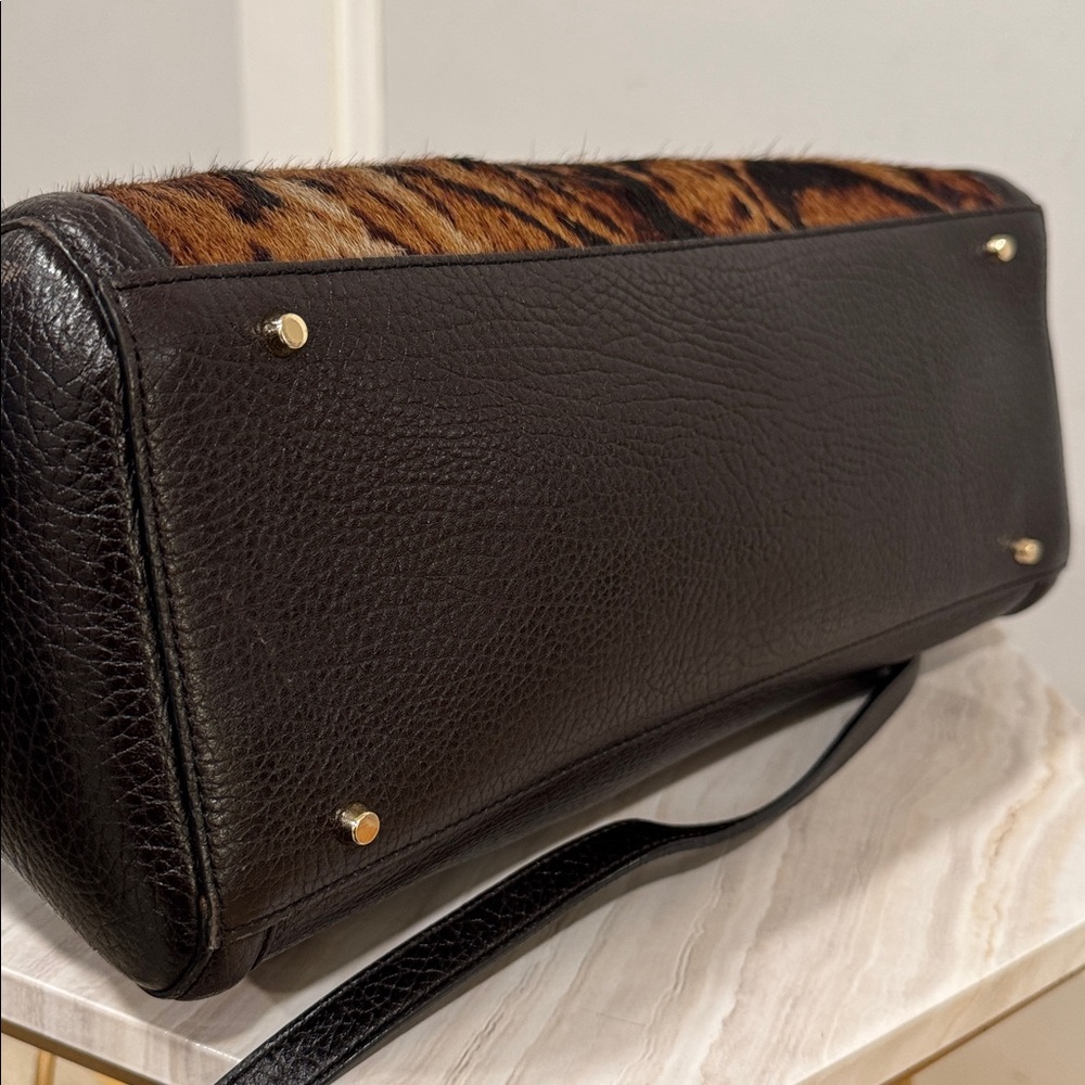 Roberto Cavalli Class Tote Satchel Brown Leopard Calf Hair Leather Bag - Picture 9 of 17